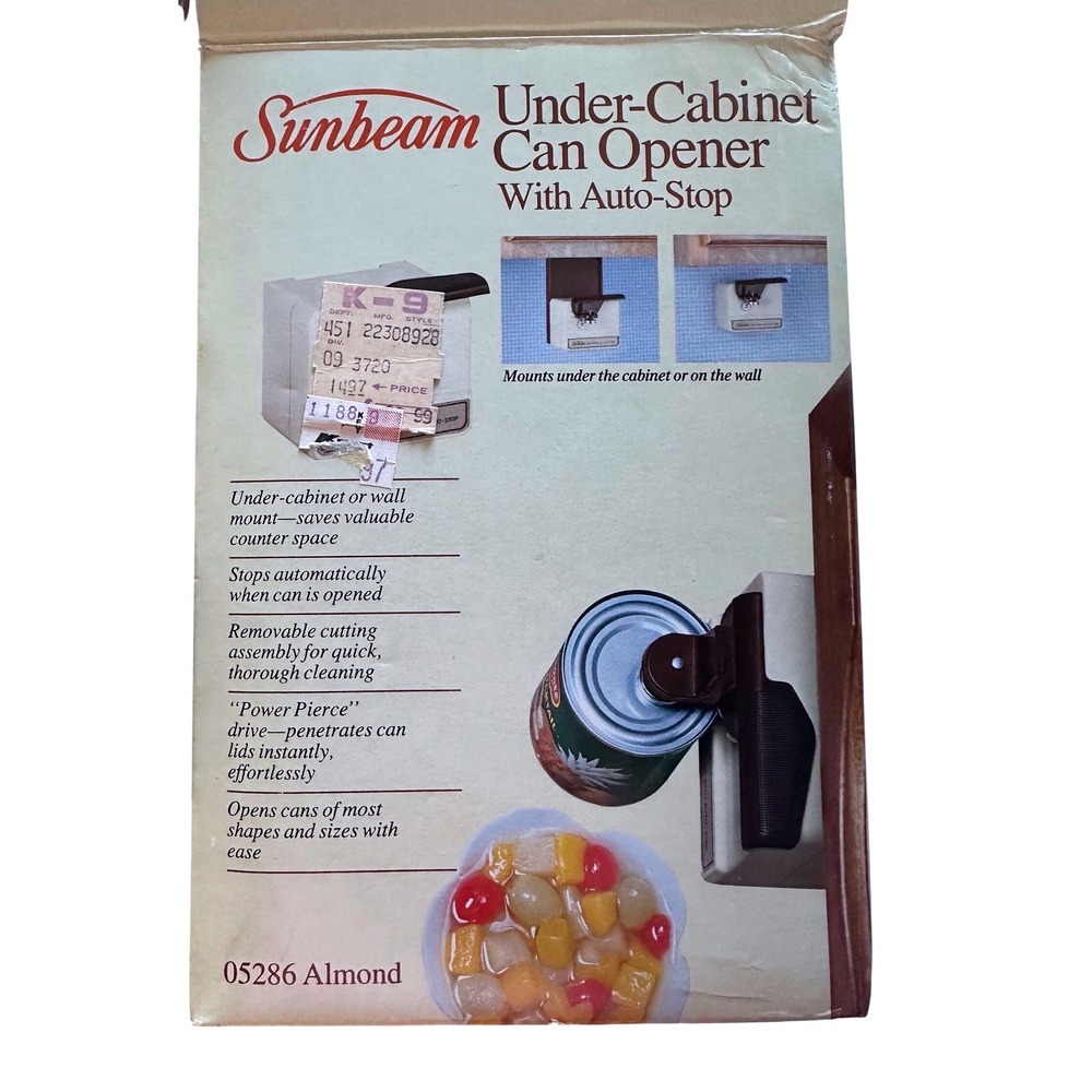 Vintage Sunbeam Under-Cabinet Can Opener Auto-Stop Almond 05286 New NOS 1985